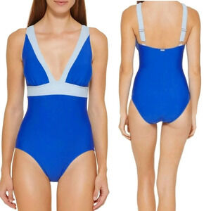 DKNY Plunging Blue Colorblocked One-Piece Swimsuit‎ Size 16